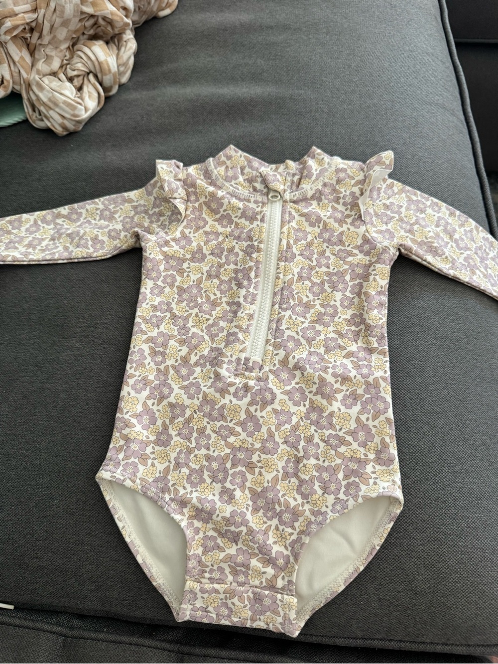 Quincy Mae 3-6 Floral Long-Sleeve One-Piece Swimsuit - Lavender/White
